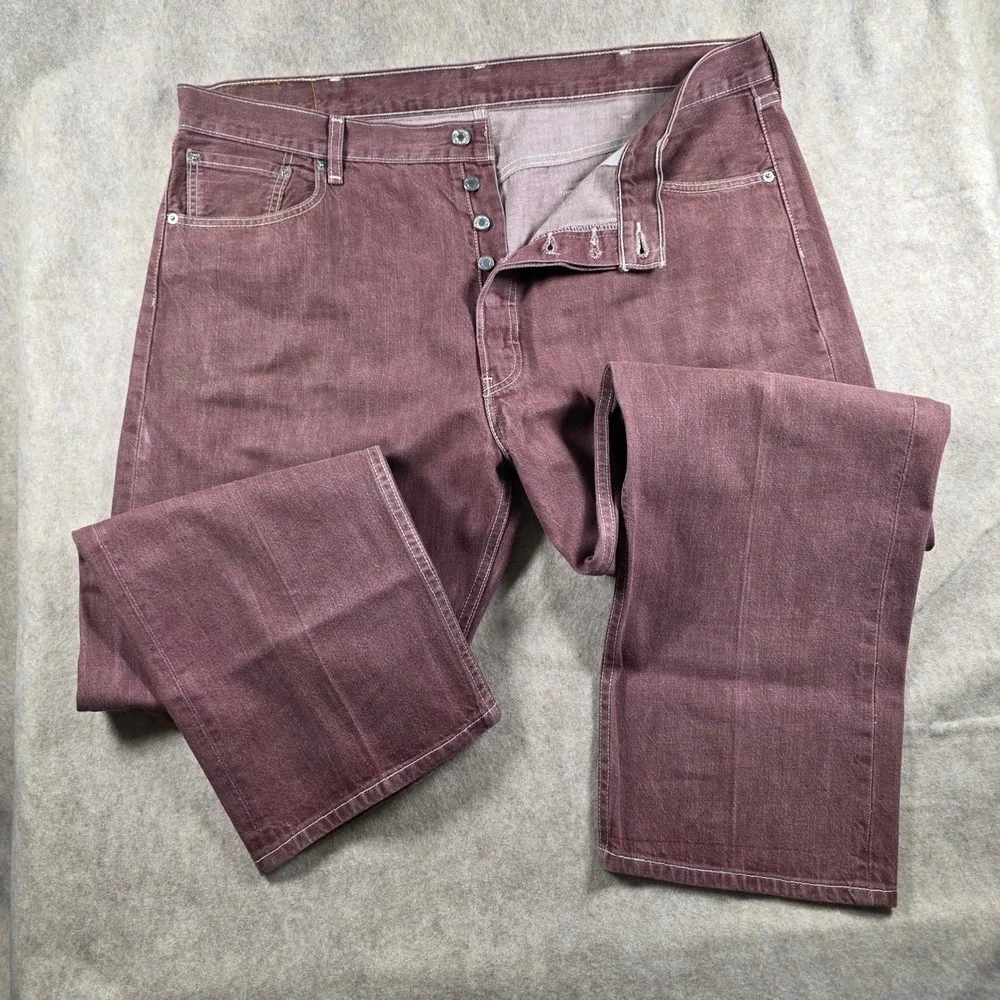 Levis 501 Original Fit Jeans Mens 42x32 Burgundy Red Brown Button Fly Denim